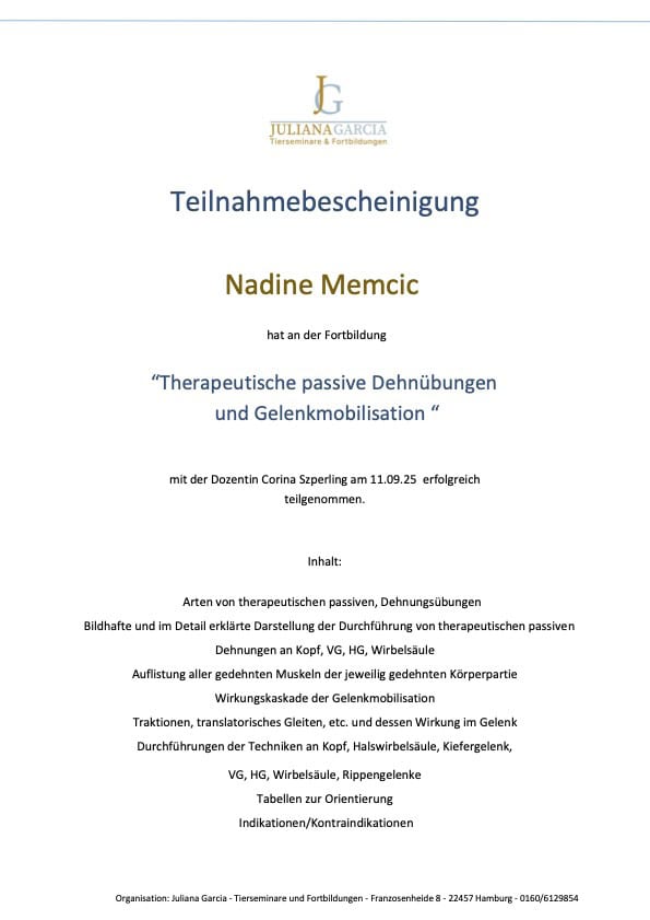 Teilnahmebescheinigung für Tierphysio-Fortbildung: Nadine Memcic ist spezialisiert auf therapeutische passive Dehnübungen und Gelenkmobilisation bei Hunden.