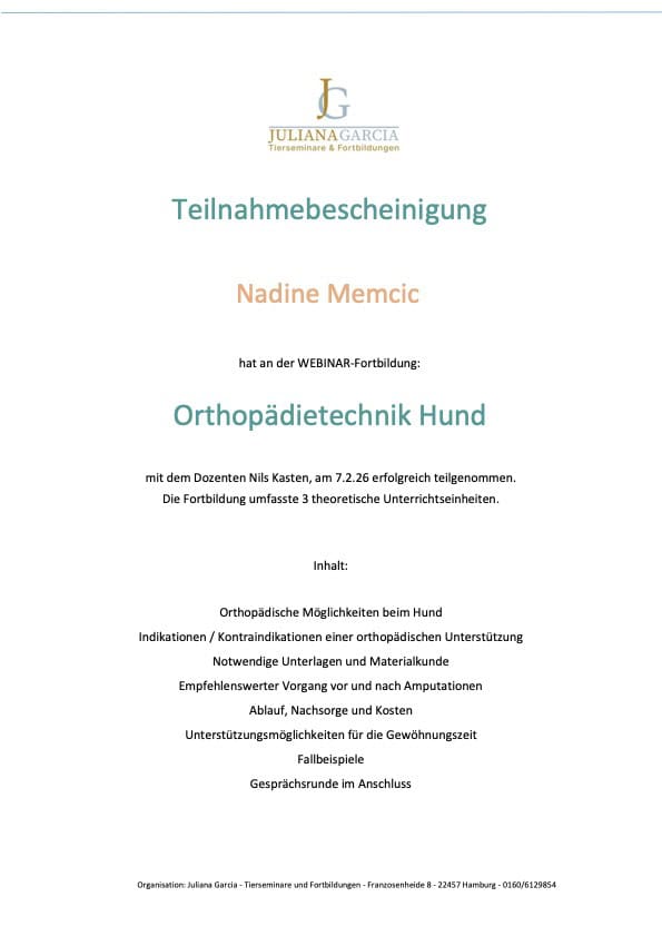 "Zertifizierte Fortbildung in Orthopädietechnik für Hunde: Nadine Memcic bietet professionelle Beratung zu orthopädischen Unterstützungsmöglichkeiten, Prothesen und Nachsorge nach Amputationen.