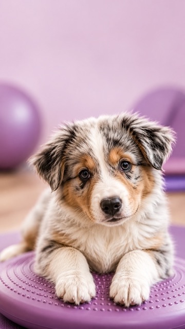 Ein Australian-Shepherd-Welpe liegt entspannt auf einem lilafarbenen Balancekissen in einer hellen Hundephysiotherapie-Umgebung. Der Hintergrund ist in sanften Rosa- und Lilatönen gehalten und zeigt unscharfe Trainings- und Balanceelemente. Der Welpe blickt aufmerksam in die Kamera und vermittelt eine ruhige, liebevolle Atmosphäre rund um die physiotherapeutische Förderung von Welpen und Junghunden.