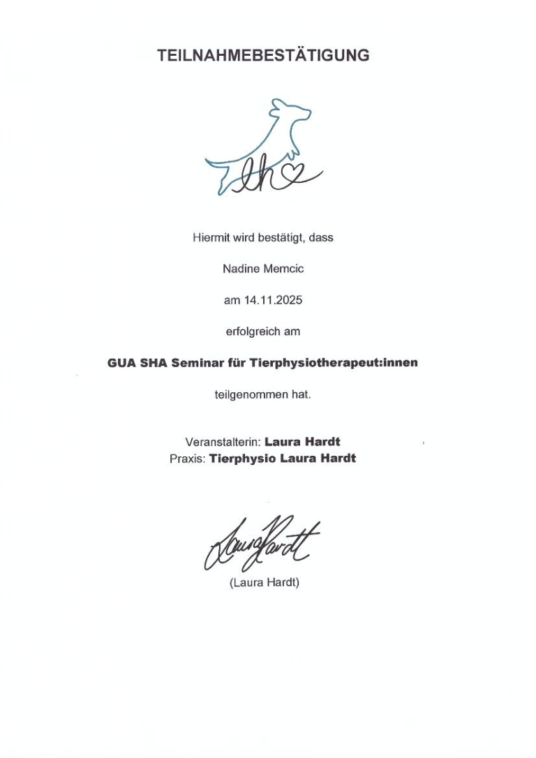 Teilnahmebestätigung für ein GUA SHA Seminar für Tierphysiotherapeuten