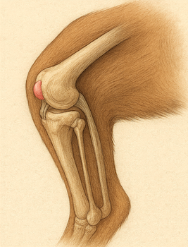 Hunde Knie Detaillierte Darstellung eines Hunde Knies, einschließlich Knochenstruktur und Gelenk mit Kniescheibe in Rot.
