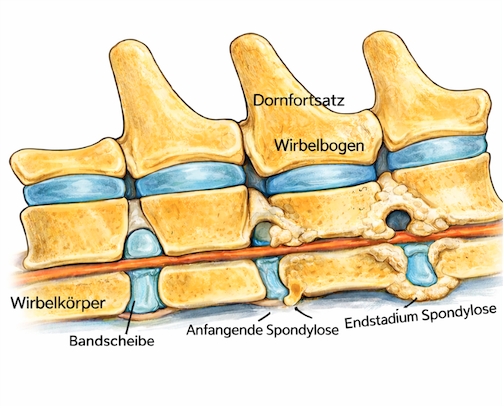 Anatomische Darstellung der Wirbelsäule beim Hund mit wichtigen Bereichen, Strukturen und den Veränderungen bei Spondylose.